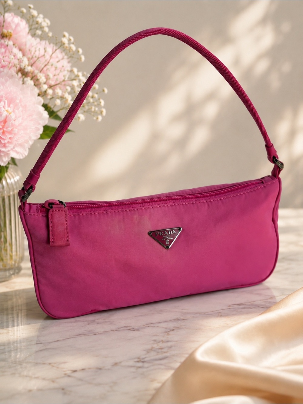 Vintage Prada Fuchsia Nylon Shoulder Bag with Triangular Logo